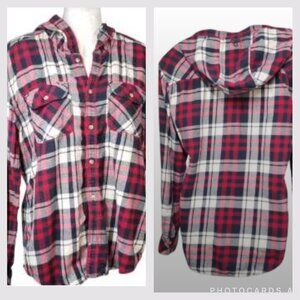 TNA Women's Hidalgo Plaid Flannel Button Down Hoodie Shirt Size Medium Casual
